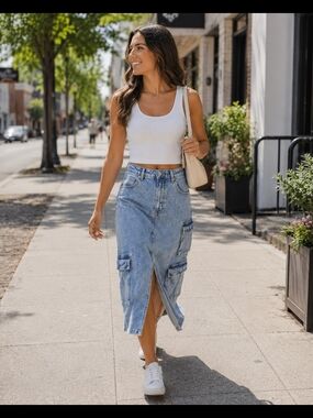 NWT Wild Fable Denim Cargo Midi Skirt Women's Medium Light Wash High Waist Pocke